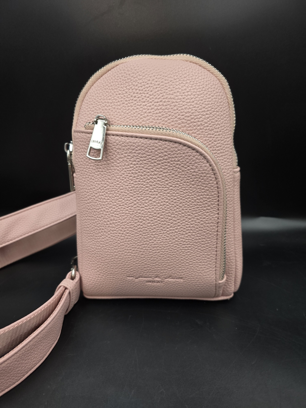 Compact Pink Pebble Leather Crossbody - Unbranded